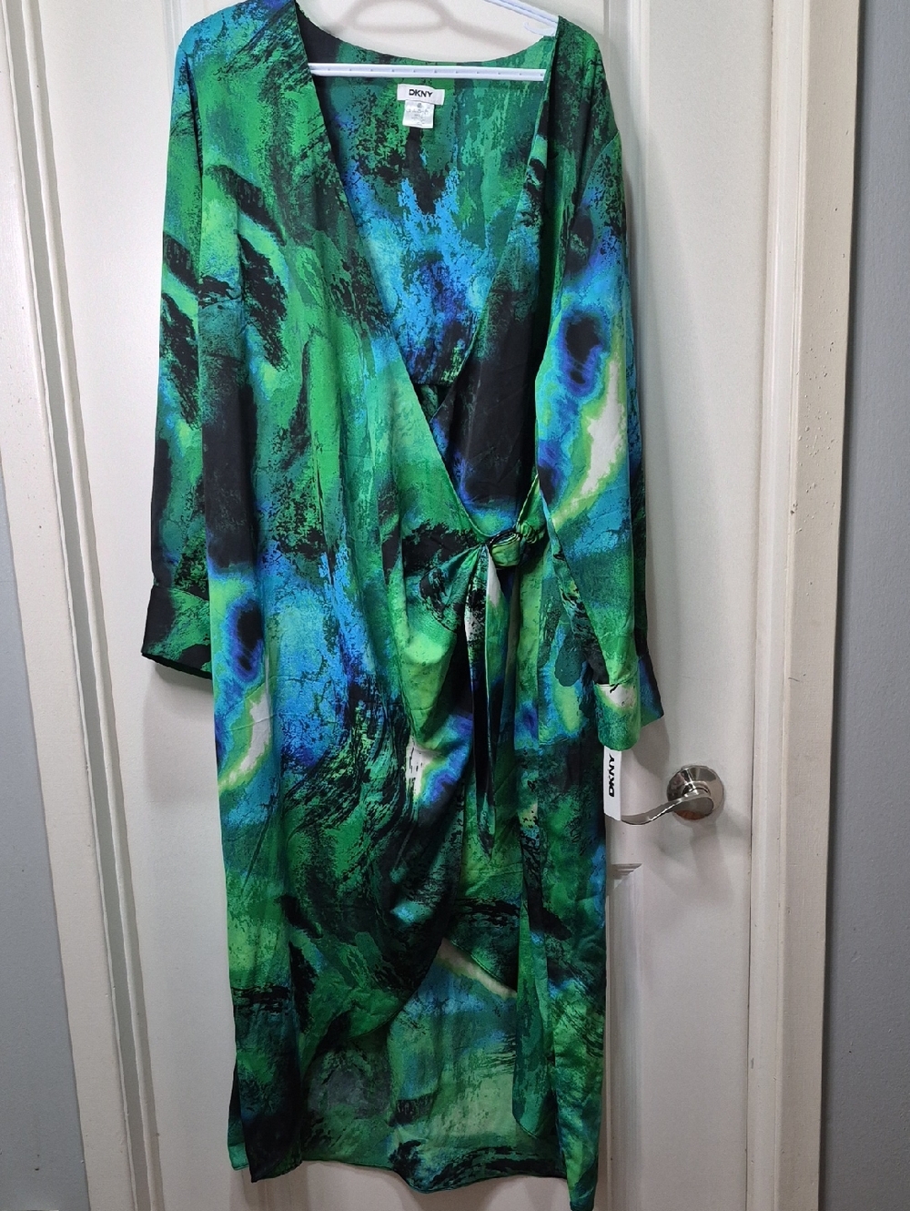 DKNY Green and Blue Long Sleeve Wrap Dress